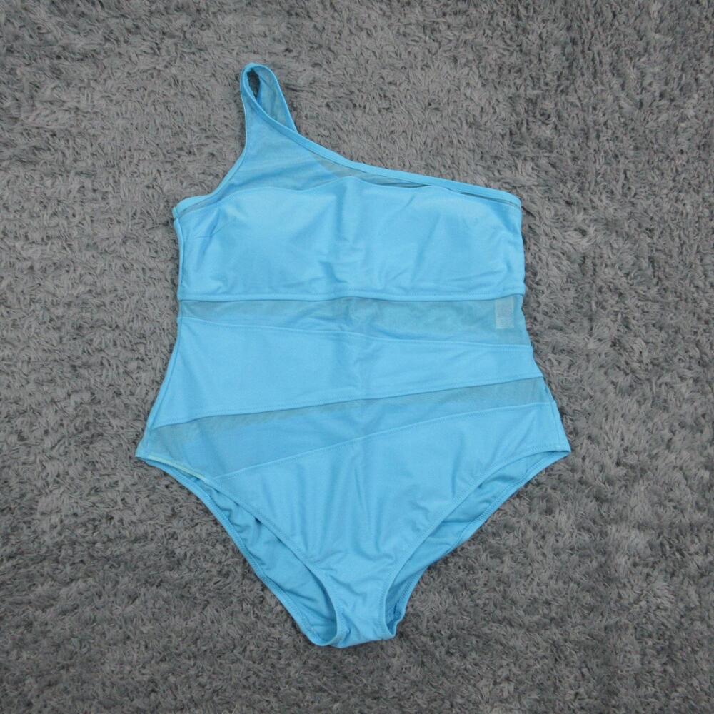 Adore Me One Piece Womens 1X Blue One Shoulder Layered Mesh Lined Padded NWT